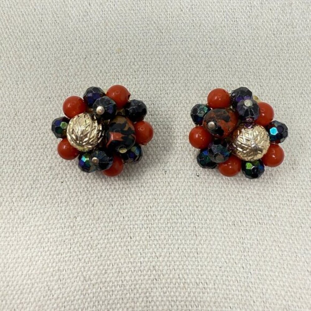 Vintage Cluster Bead Clip-On Earrings Red Black AB Retro Hong Kong Marked Kitchy